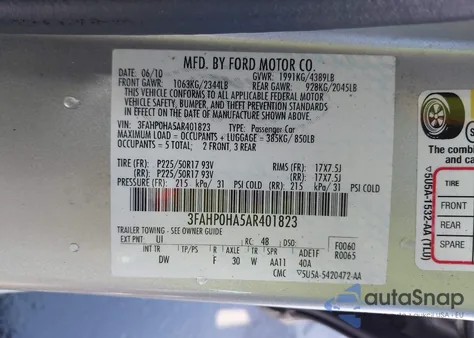 2010 Ford Fusion Se z USA, uszkodzony, nr VIN 3FAHP0HA5AR401823